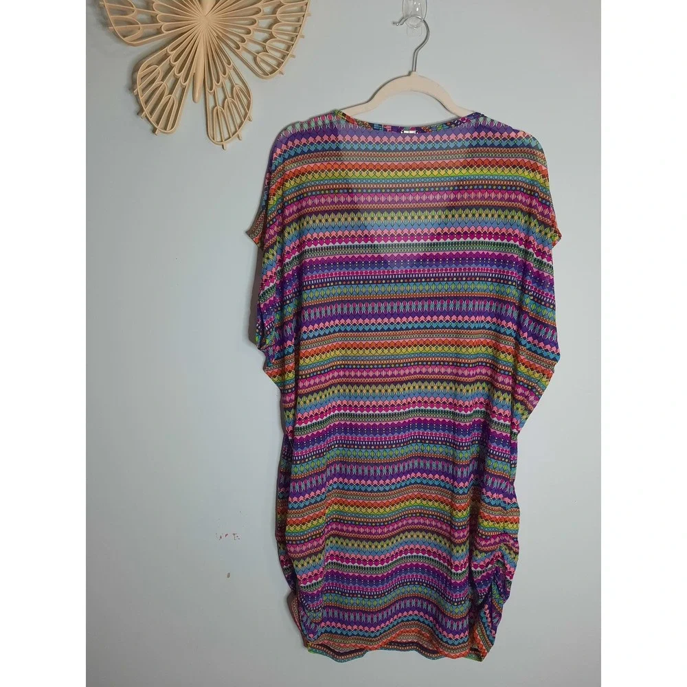 Anne‎ Cole Women Multicolor Geometric Mesh V-Neck Swim Cover-Up Dress Tunic